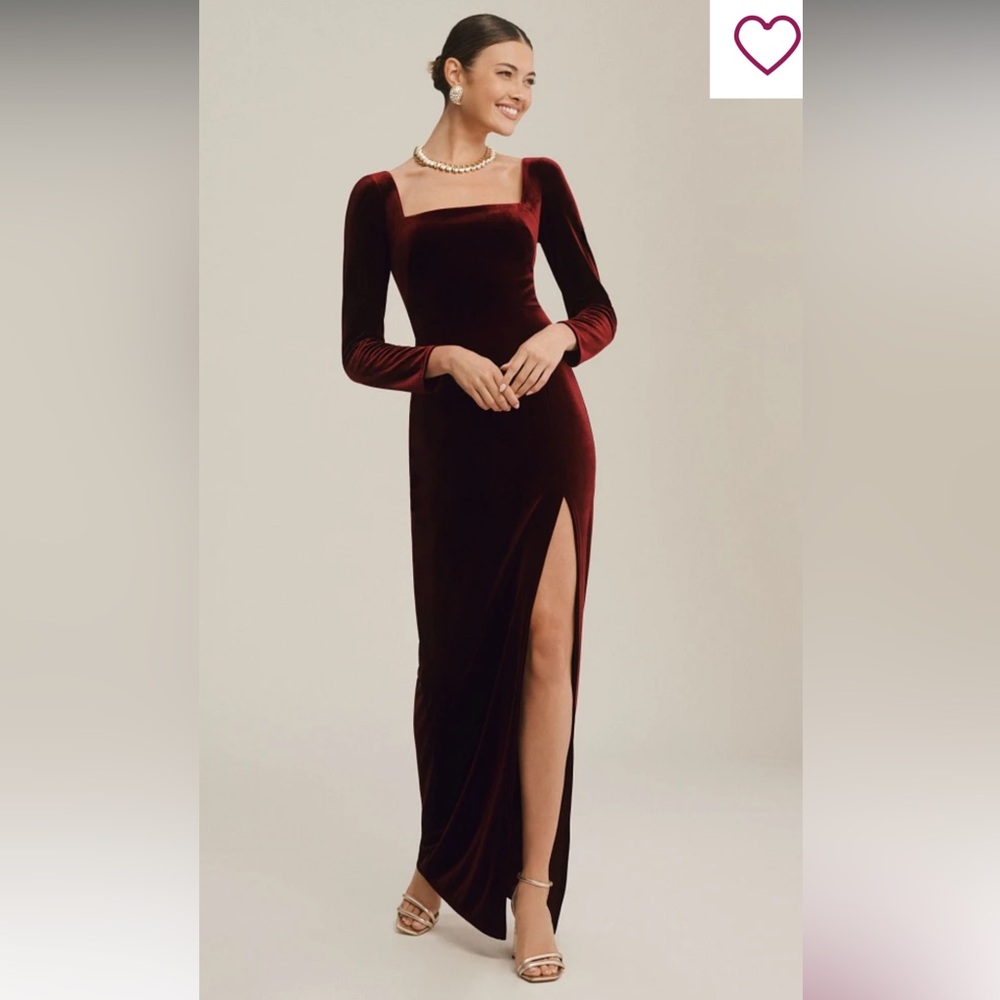 Jenny Yoo Rachel Square-Neck Long-Sleeve Side-Slit Stretch Velvet Gown